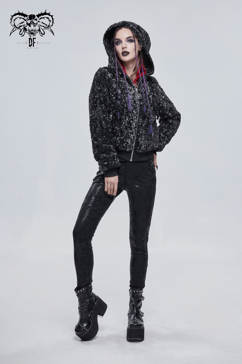 Gothic Strappy Splice Short Jacket with Hood / Women's Zipper Warm Jackets