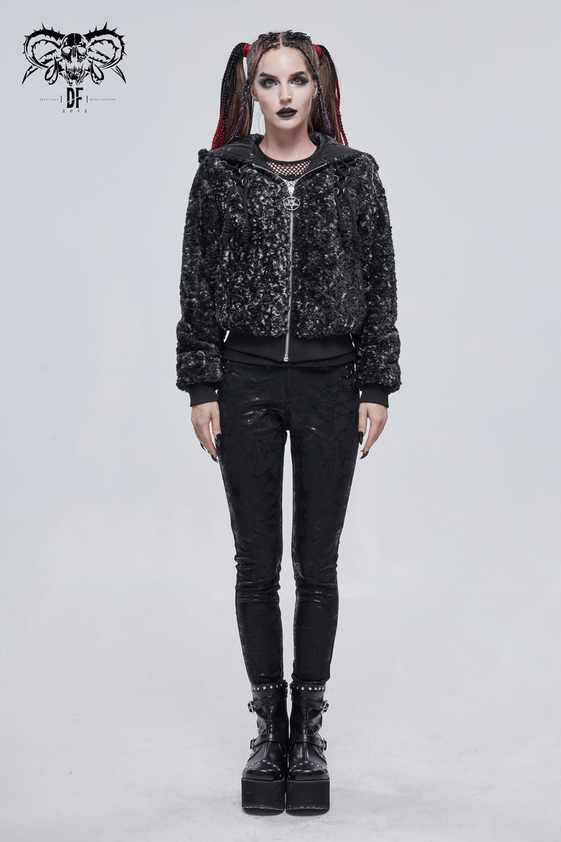 Gothic Strappy Splice Short Jacket with Hood / Women's Zipper Warm Jackets