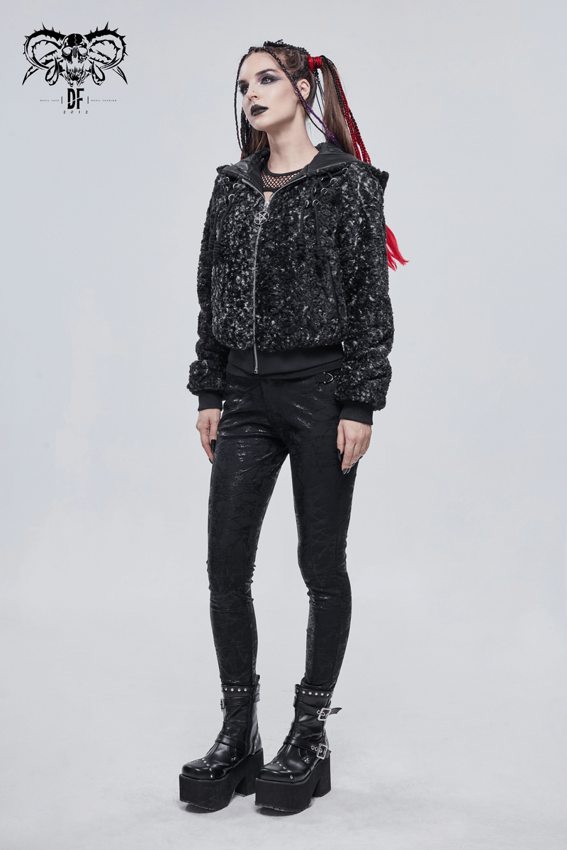 Gothic Strappy Splice Short Jacket with Hood / Women's Zipper Warm Jackets