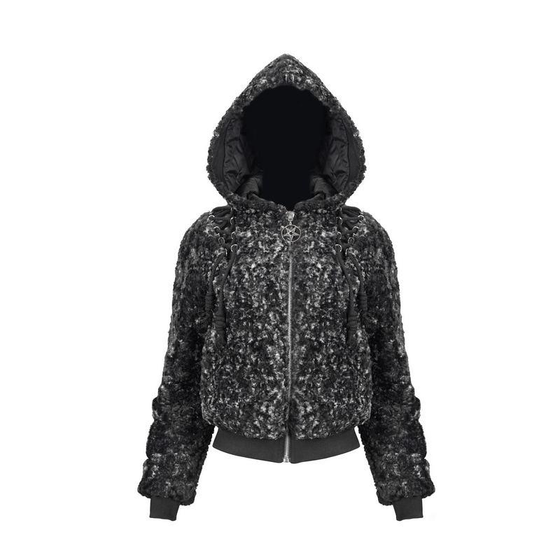 Gothic Strappy Splice Short Jacket with Hood / Women's Zipper Warm Jackets