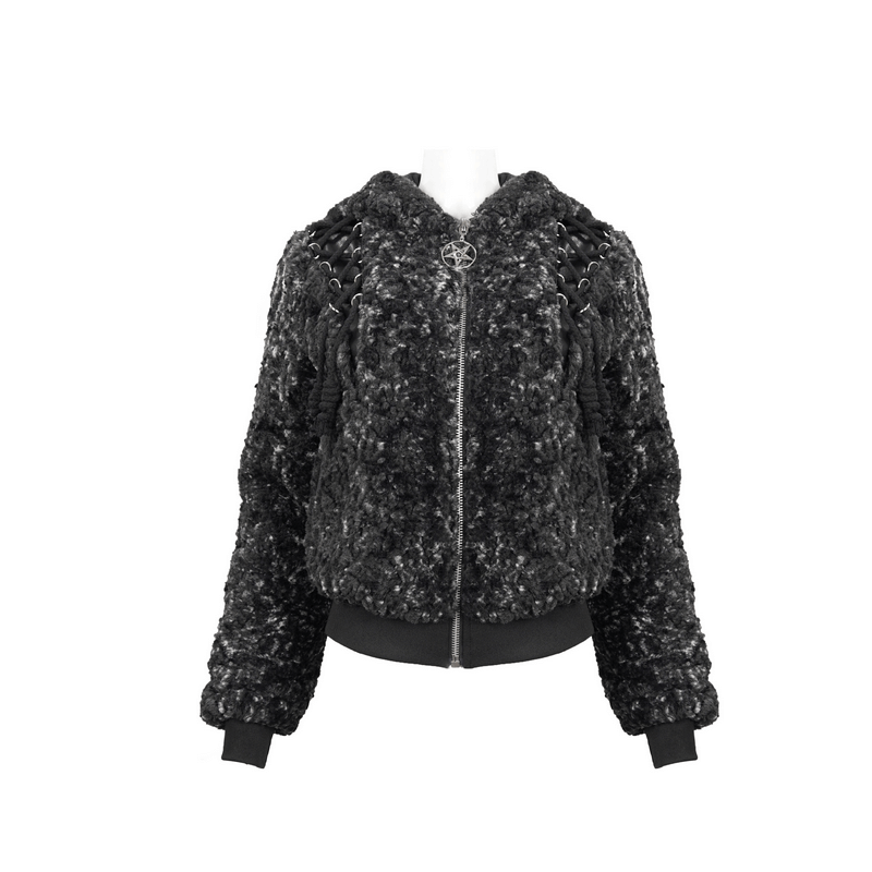 Gothic Strappy Splice Short Jacket with Hood / Women's Zipper Warm Jackets