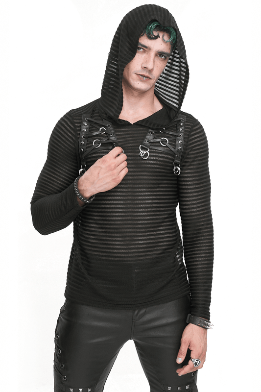 Gothic Striped Hoodie with Lace-up Detail and Cowl Neck