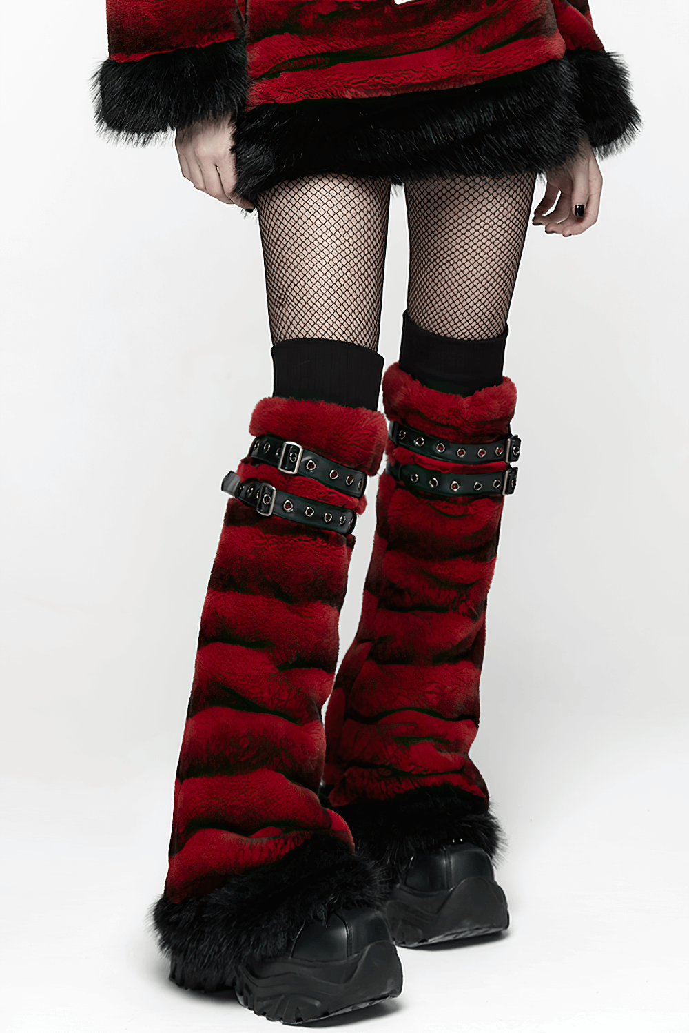 Gothic Striped Red Fur Leg Warmers with Buckle Straps