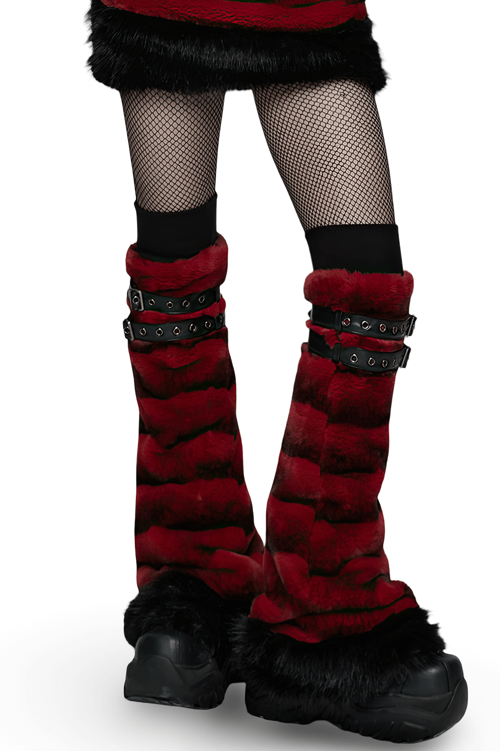 Gothic Striped Red Fur Leg Warmers with Buckle Straps