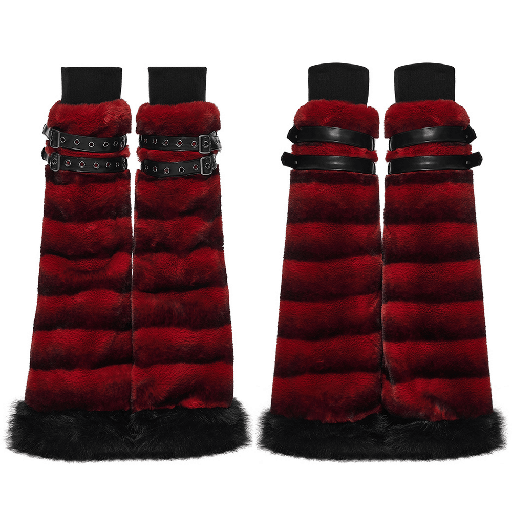 Gothic Striped Red Fur Leg Warmers with Buckle Straps