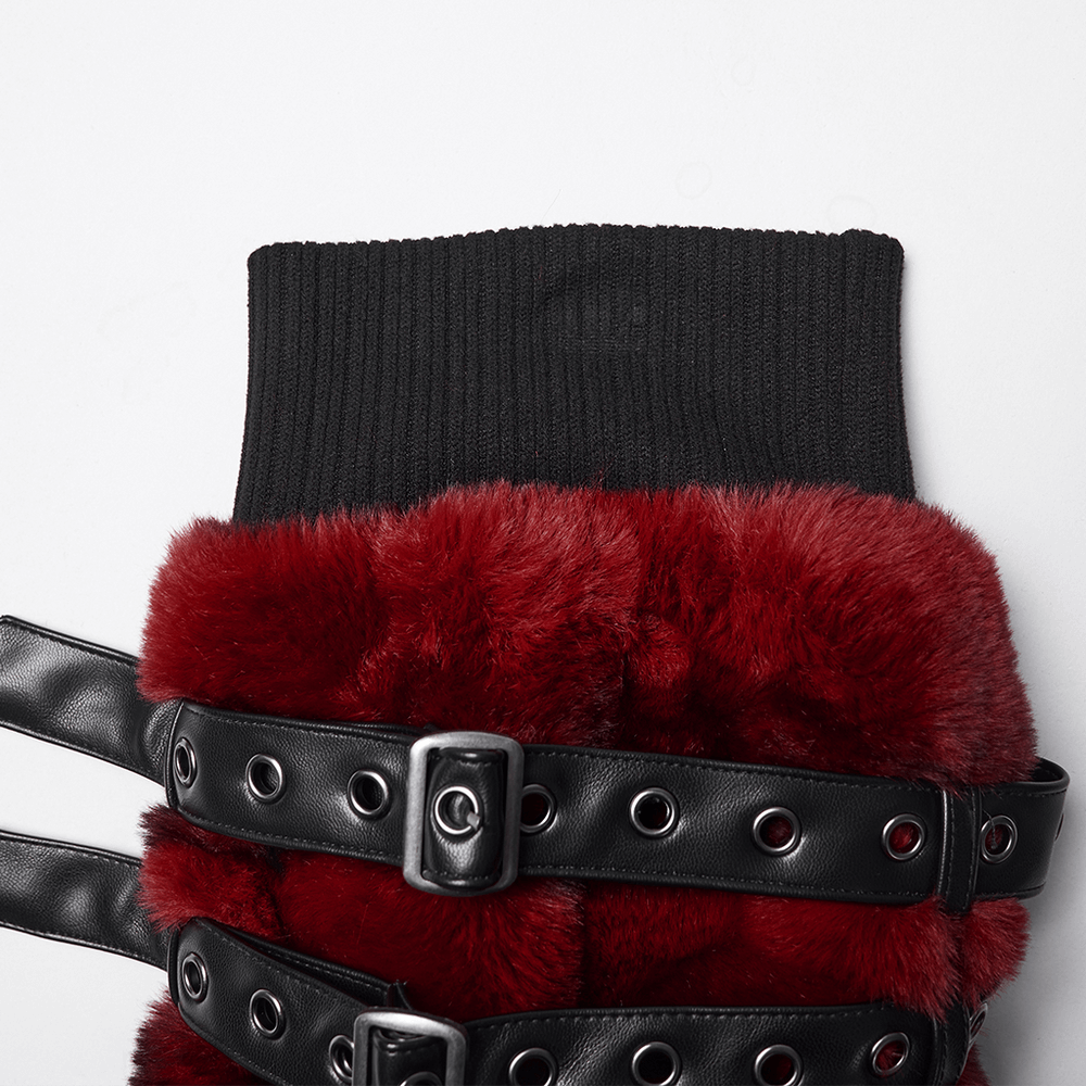 Gothic Striped Red Fur Leg Warmers with Buckle Straps
