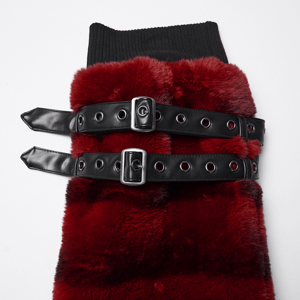 Gothic Striped Red Fur Leg Warmers with Buckle Straps