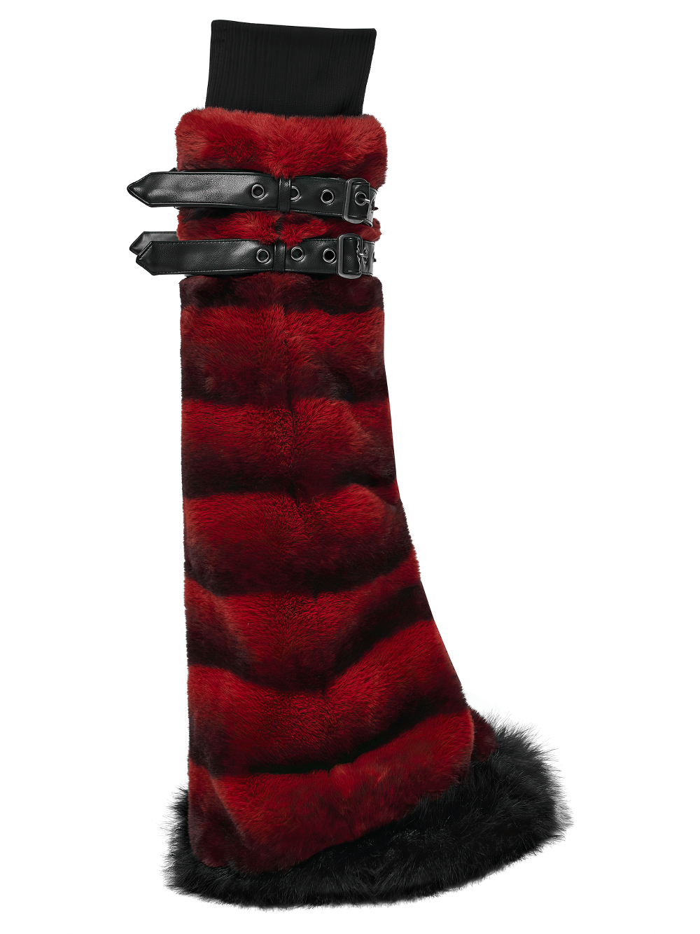 Gothic Striped Red Fur Leg Warmers with Buckle Straps