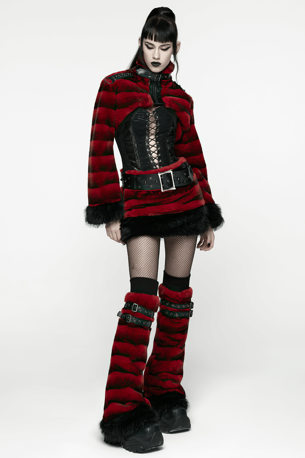 Gothic Striped Red Fur Leg Warmers with Buckle Straps