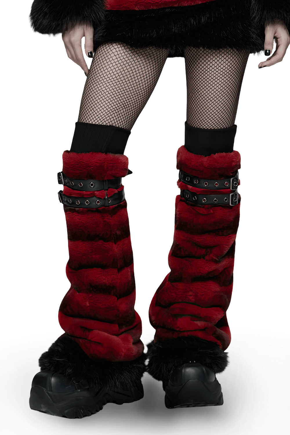 Gothic Striped Red Fur Leg Warmers with Buckle Straps