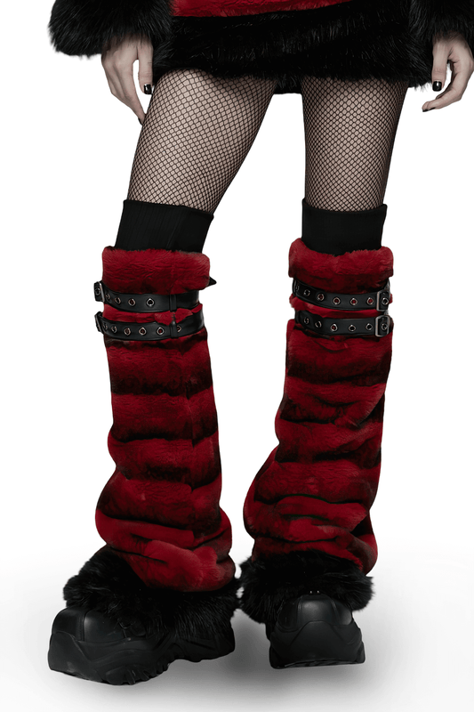 Gothic Striped Red Fur Leg Warmers with Buckle Straps