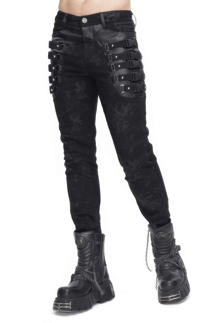Gothic Style Black Buckled and Strapped Trousers for Men