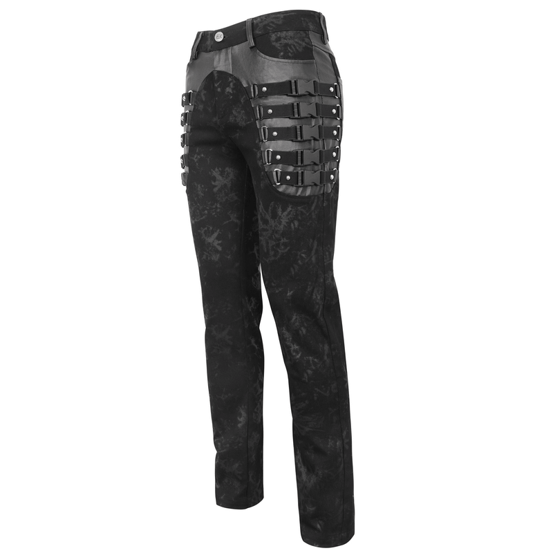 Gothic Style Black Buckled and Strapped Trousers for Men