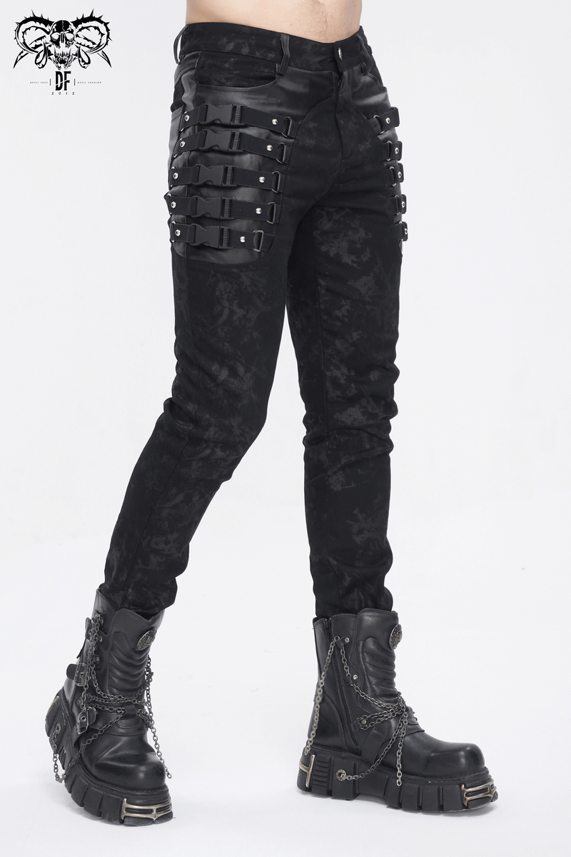 Gothic Style Black Buckled and Strapped Trousers for Men