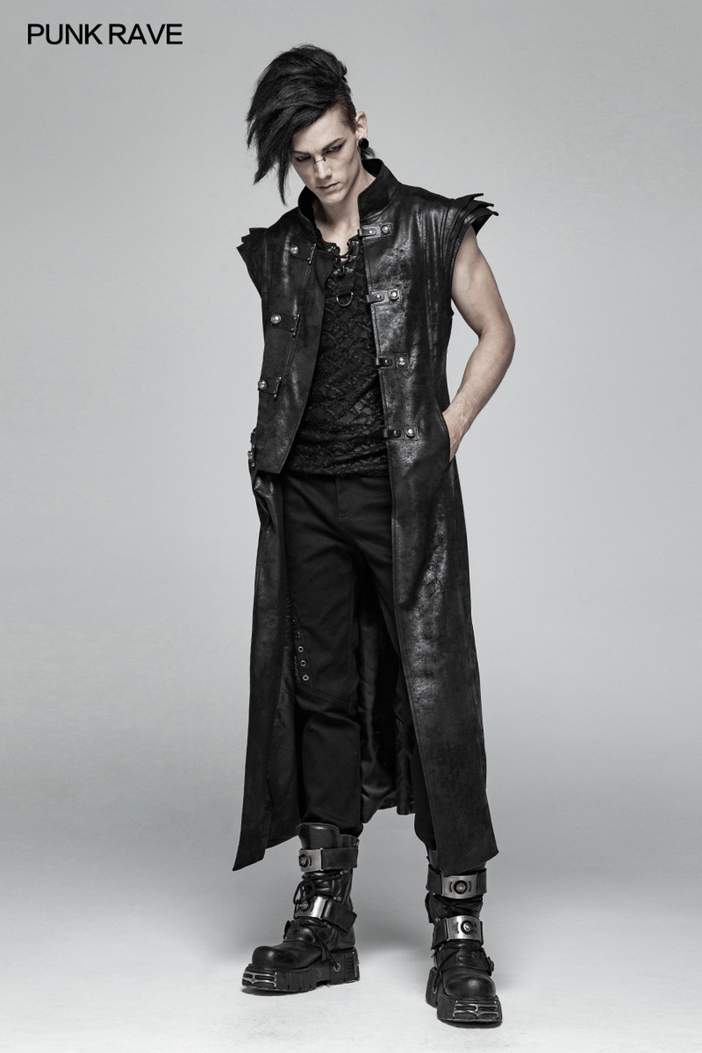Gothic Style Black Leather Buckle Long Cape for Men