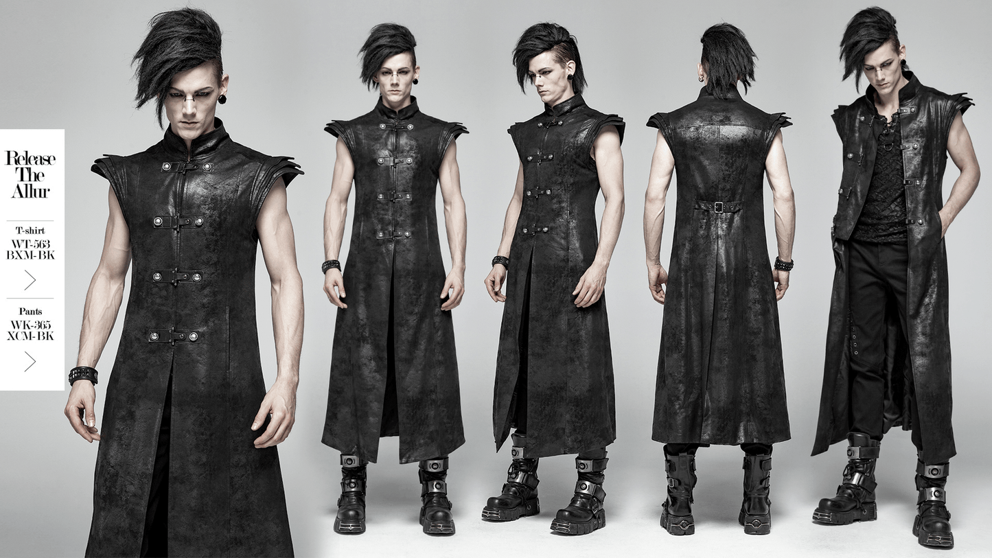 Gothic Style Black Leather Buckle Long Cape for Men