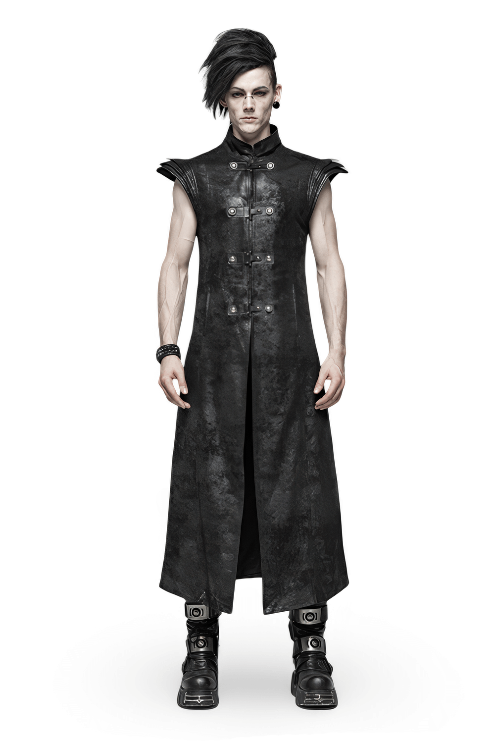 Gothic Style Black Leather Buckle Long Cape for Men