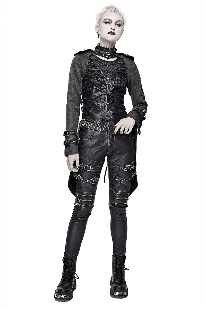 Gothic Style Black Zipper Coat with Removable Hem / Women's Lace up Coat with Rivet on Shoulders