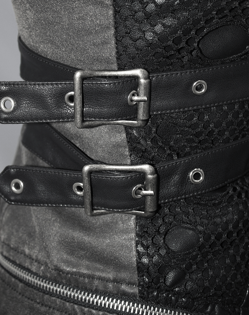 Gothic Style Black Zipper Coat with Removable Hem / Women's Lace up Coat with Rivet on Shoulders