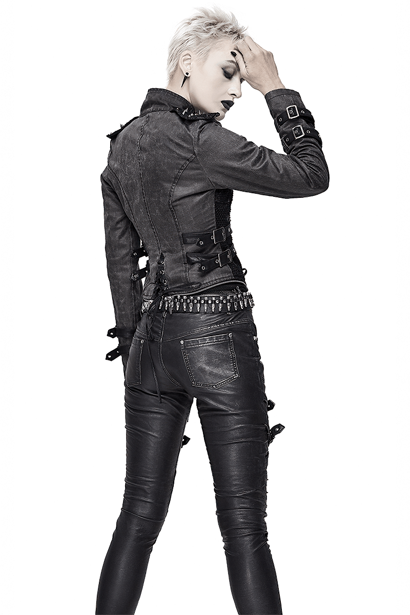 Gothic Style Black Zipper Coat with Removable Hem / Women's Lace up Coat with Rivet on Shoulders