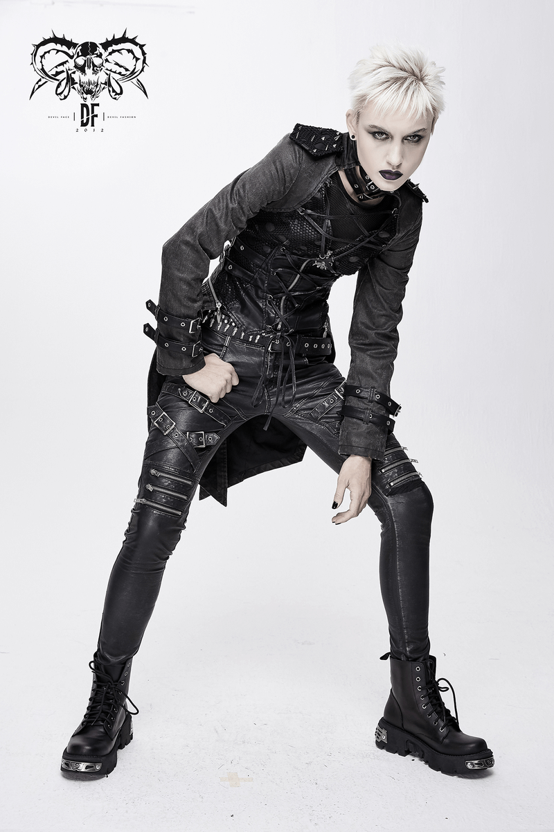 Gothic Style Black Zipper Coat with Removable Hem / Women's Lace up Coat with Rivet on Shoulders
