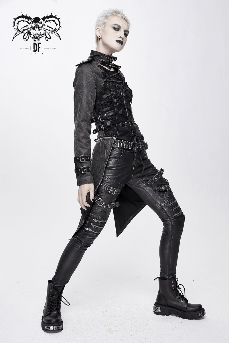Gothic Style Black Zipper Coat with Removable Hem / Women's Lace up Coat with Rivet on Shoulders