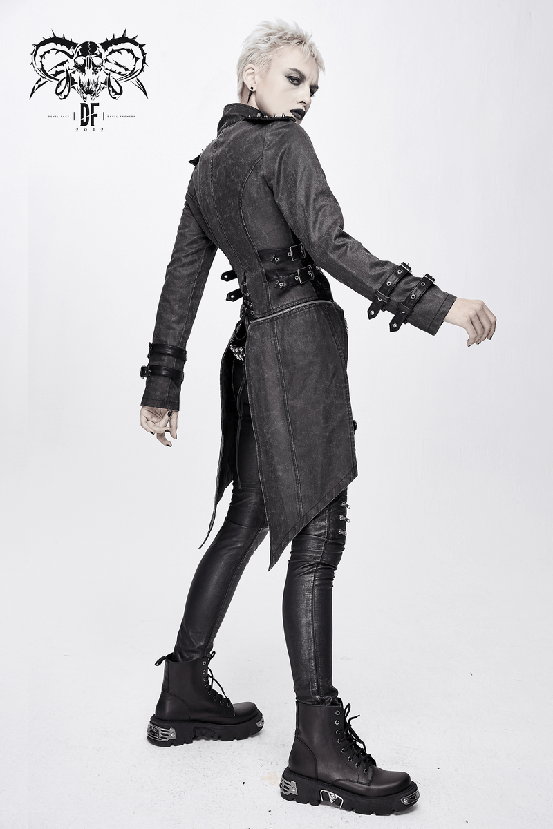 Gothic Style Black Zipper Coat with Removable Hem / Women's Lace up Coat with Rivet on Shoulders