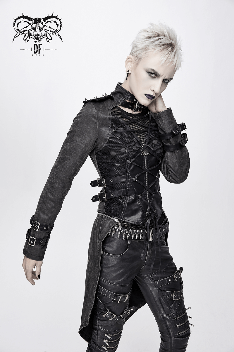 Gothic Style Black Zipper Coat with Removable Hem / Women's Lace up Coat with Rivet on Shoulders