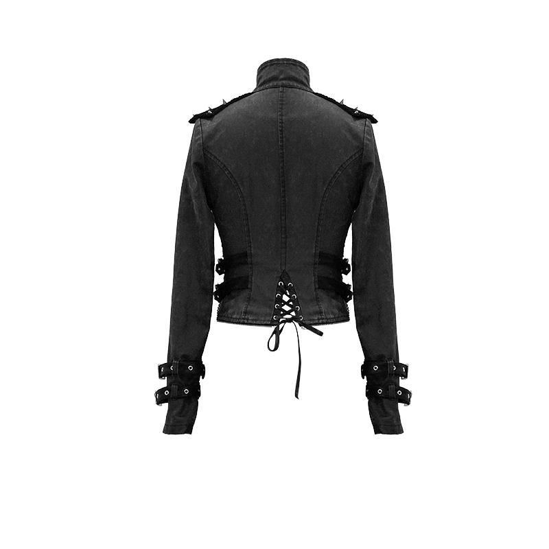 Gothic Style Black Zipper Coat with Removable Hem / Women's Lace up Coat with Rivet on Shoulders