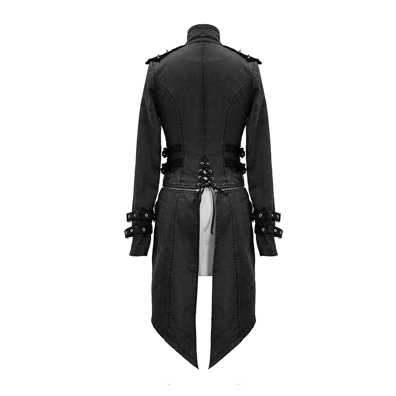 Gothic Style Black Zipper Coat with Removable Hem / Women's Lace up Coat with Rivet on Shoulders
