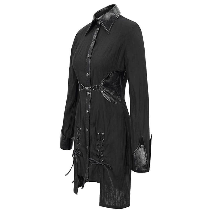 Gothic Style Female Shirt Dress with Lapel / Punk Rock Black Long Blouse for Women