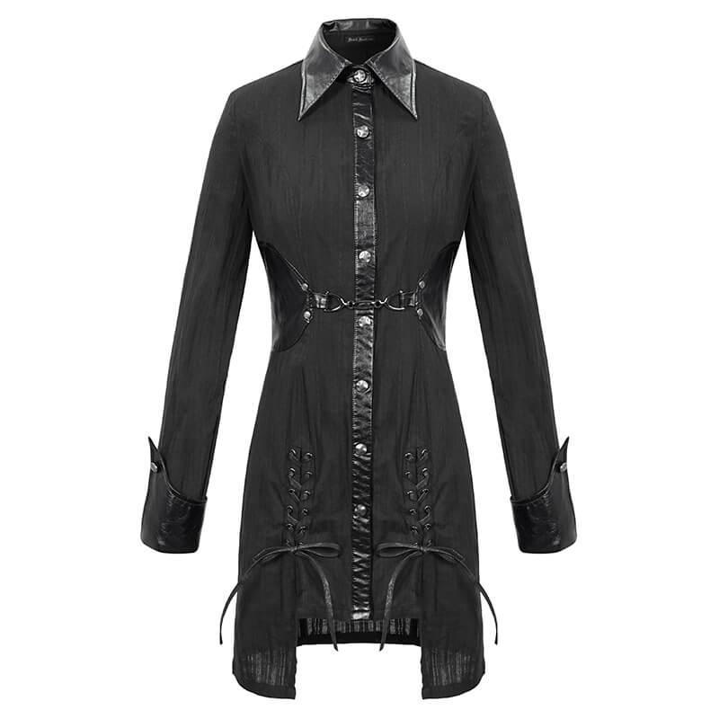 Gothic Style Female Shirt Dress with Lapel / Punk Rock Black Long Blouse for Women