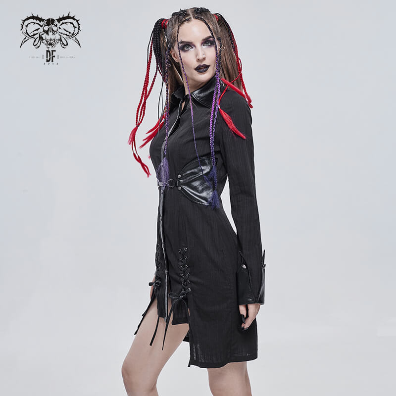 Gothic Style Female Shirt Dress with Lapel / Punk Rock Black Long Blouse for Women