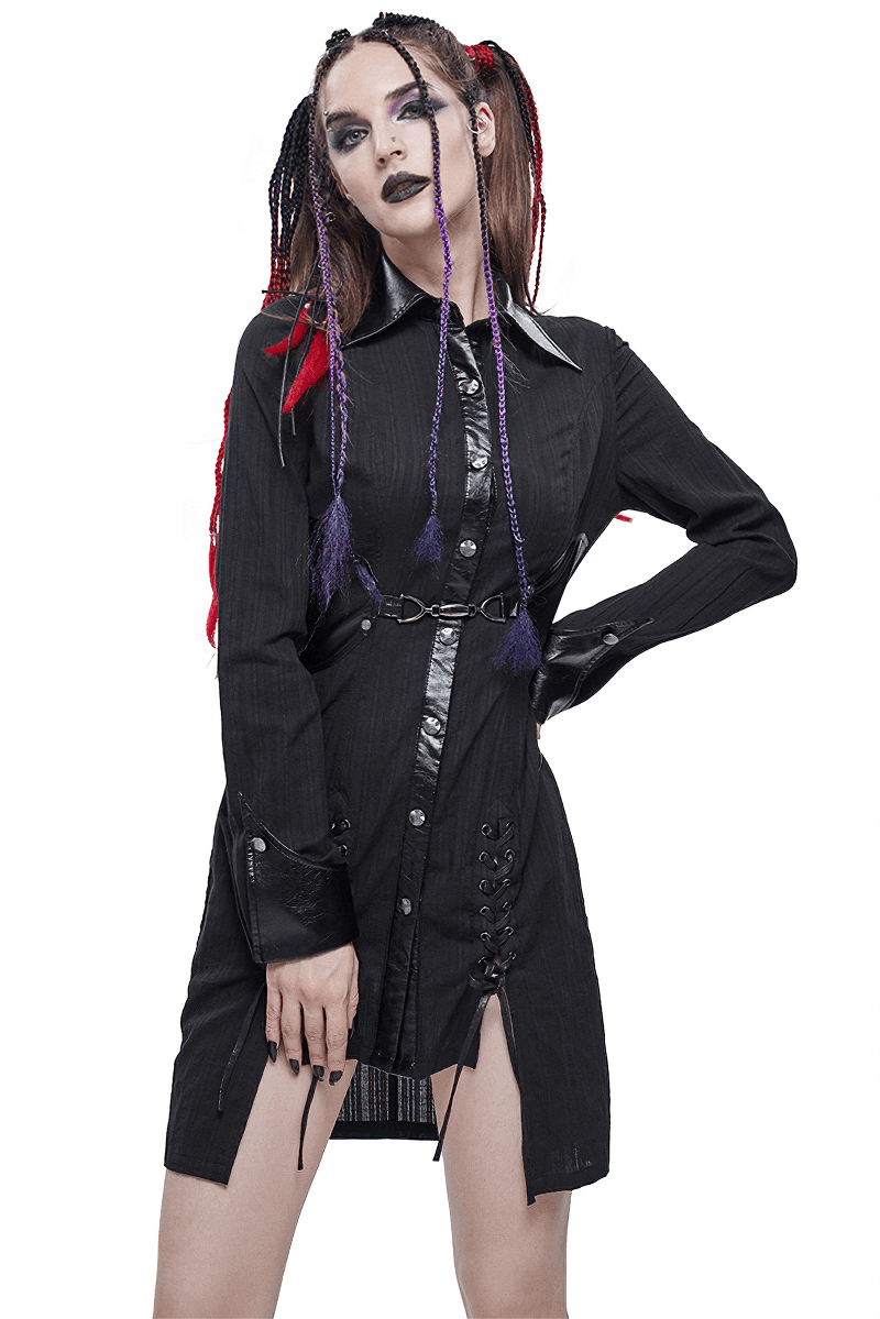 Gothic Style Female Shirt Dress with Lapel / Punk Rock Black Long Blouse for Women