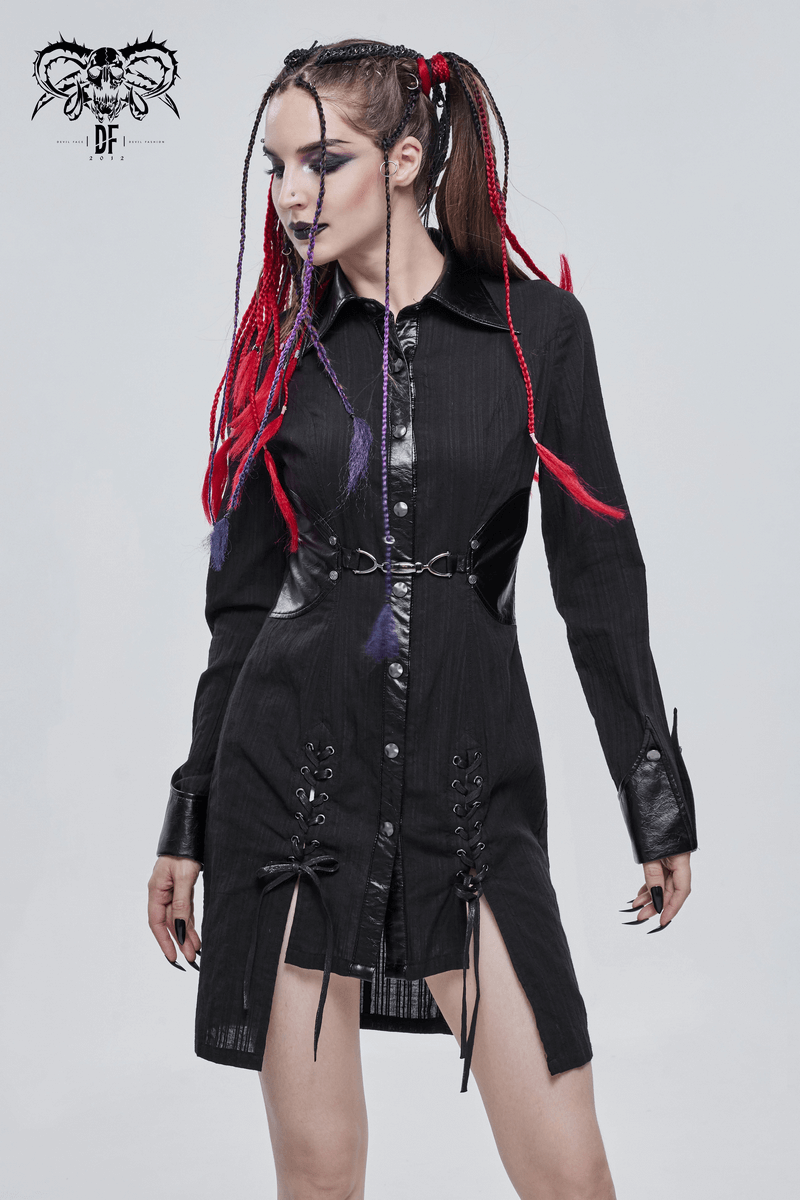 Gothic Style Female Shirt Dress with Lapel / Punk Rock Black Long Blouse for Women