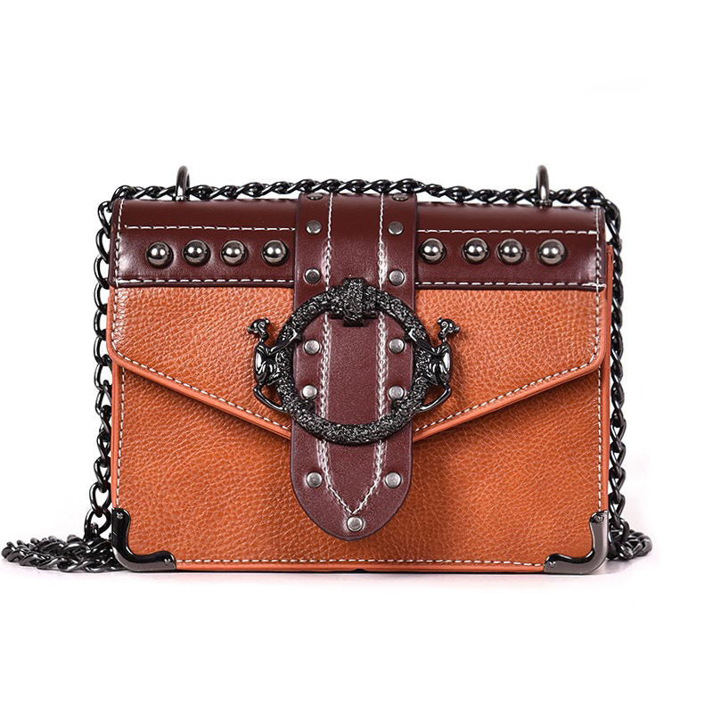 Gothic Style Female Square Bag Rivet Lock Chain Shoulder Messenger / Women Chain Small Bags