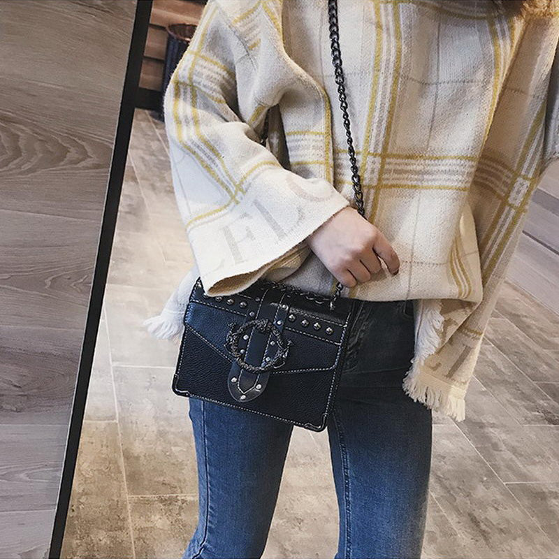 Gothic Style Female Square Bag Rivet Lock Chain Shoulder Messenger / Women Chain Small Bags