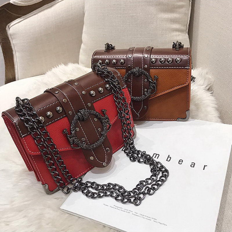 Gothic Style Female Square Bag Rivet Lock Chain Shoulder Messenger / Women Chain Small Bags