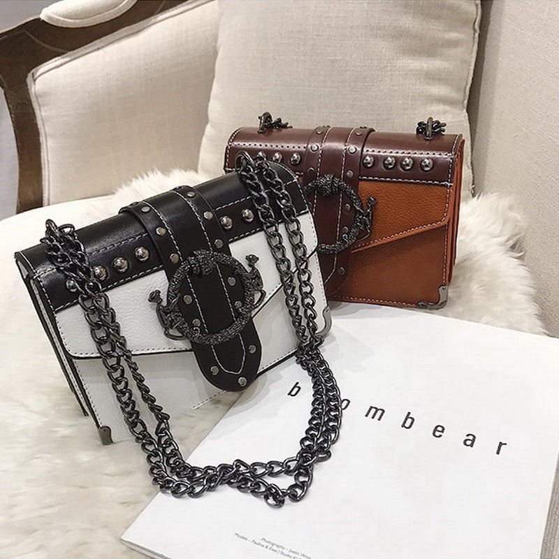 Gothic Style Female Square Bag Rivet Lock Chain Shoulder Messenger / Women Chain Small Bags