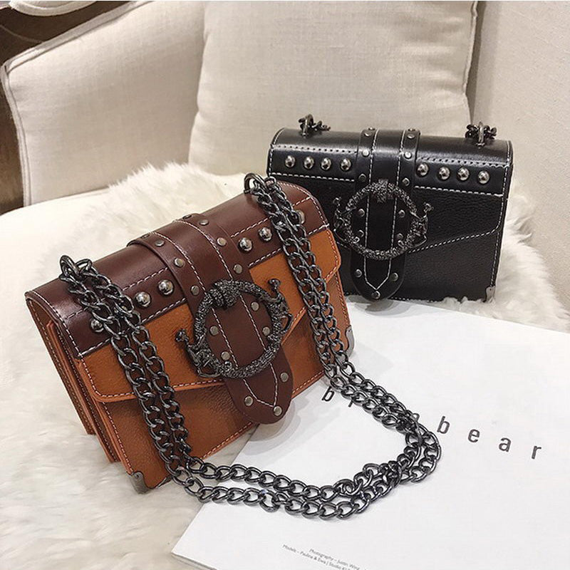 Gothic Style Female Square Bag Rivet Lock Chain Shoulder Messenger / Women Chain Small Bags
