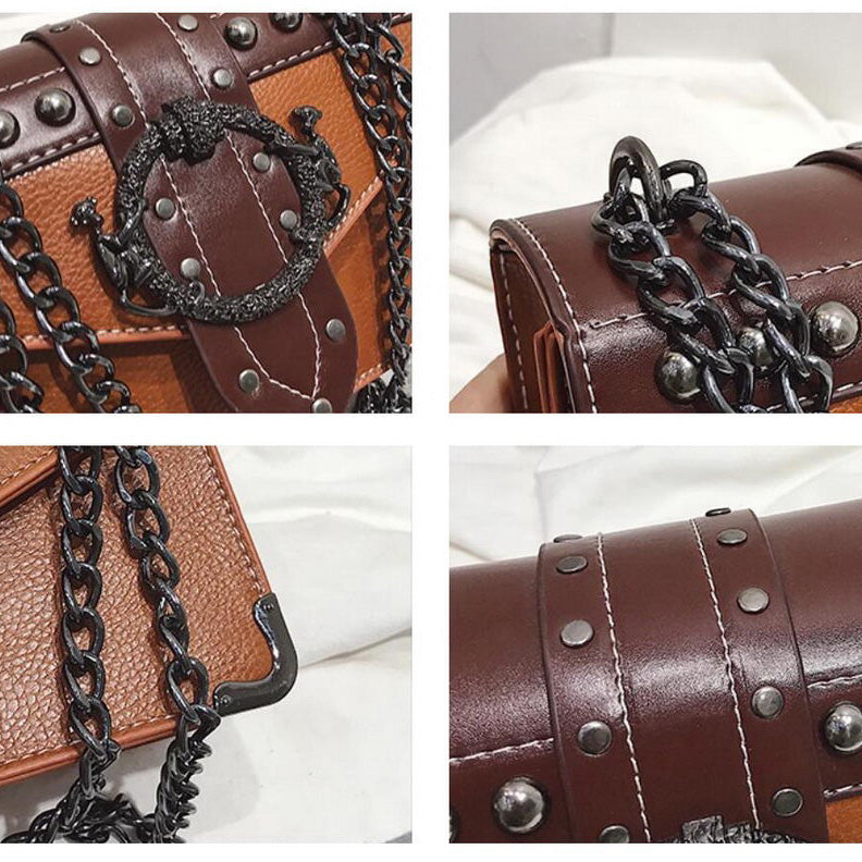 Gothic Style Female Square Bag Rivet Lock Chain Shoulder Messenger / Women Chain Small Bags
