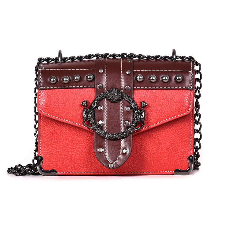 Gothic Style Female Square Bag Rivet Lock Chain Shoulder Messenger / Women Chain Small Bags