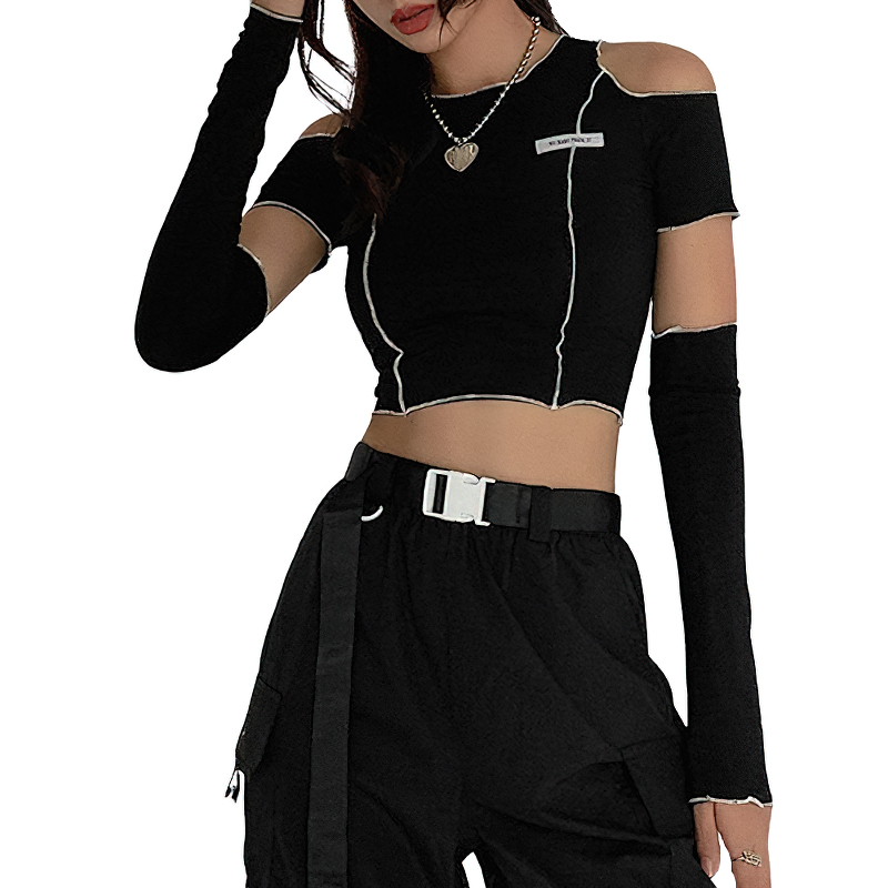 Gothic Style Hollow Out Sleeve Crop Top / Cool Women's Black Short Tee