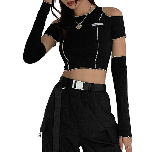 Gothic Style Hollow Out Sleeve Crop Top / Cool Women's Black Short Tee