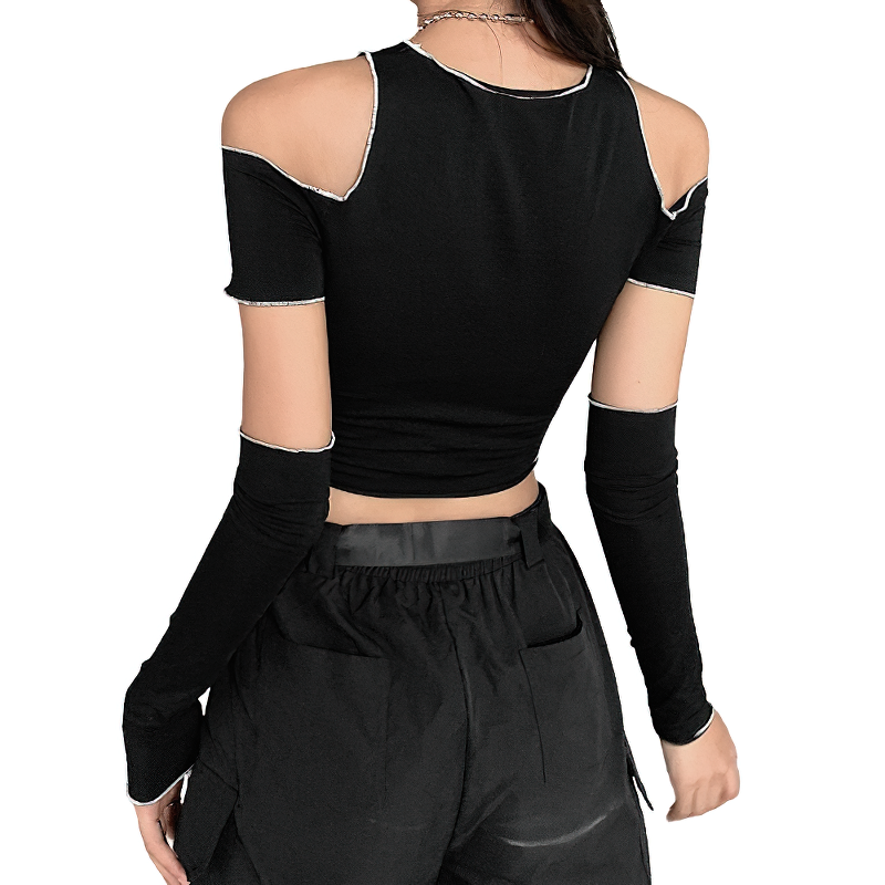 Gothic Style Hollow Out Sleeve Crop Top / Cool Women's Black Short Tee