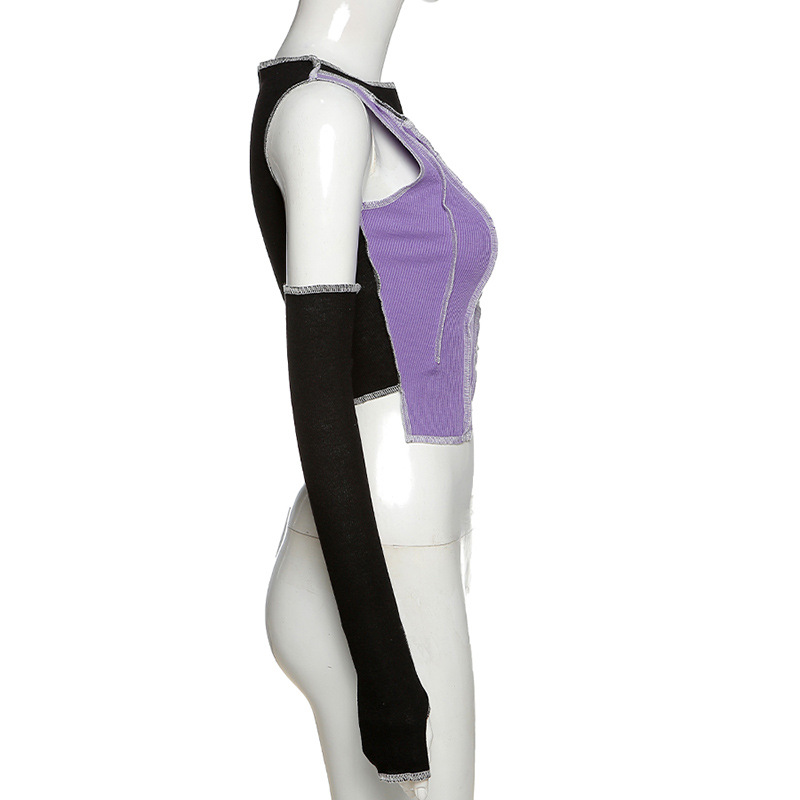 Gothic Style Hollow Out Sleeve Crop Top / Cool Women's Purple Short Tee