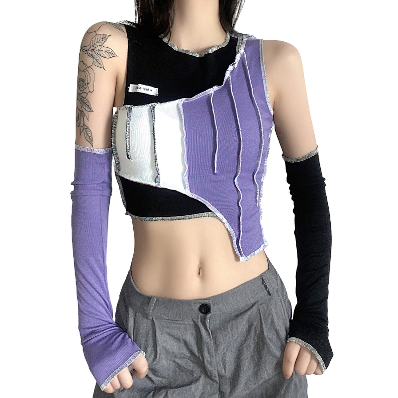 Gothic Style Hollow Out Sleeve Crop Top / Cool Women's Purple Short Tee