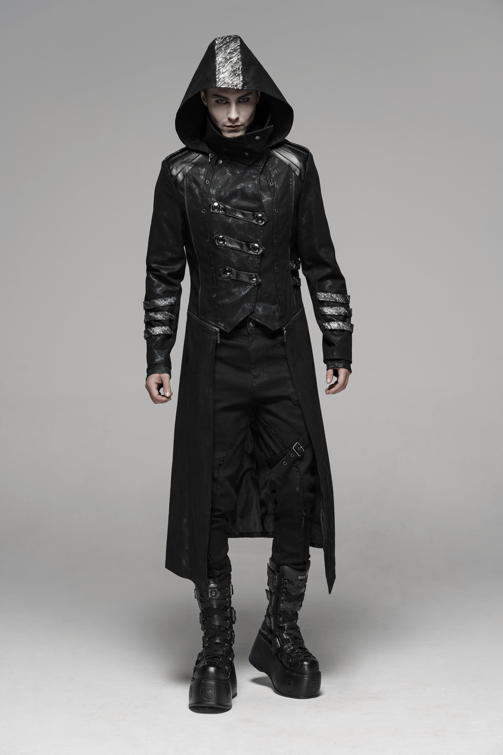 Gothic Style Hooded Longline Coat with Buckles