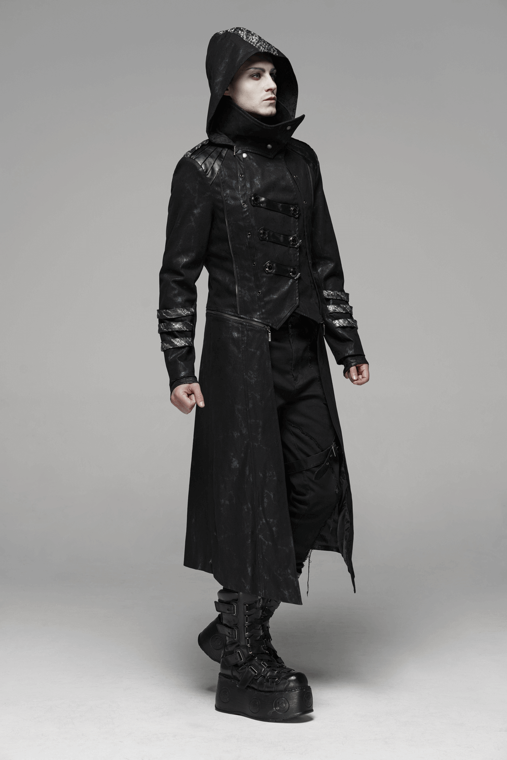 Gothic Style Hooded Longline Coat with Buckles