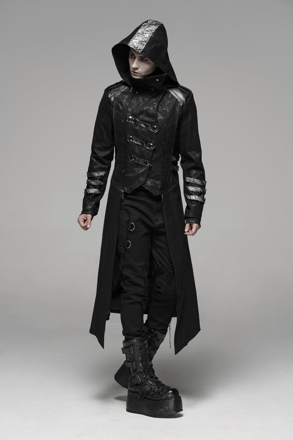Gothic Style Hooded Longline Coat with Buckles